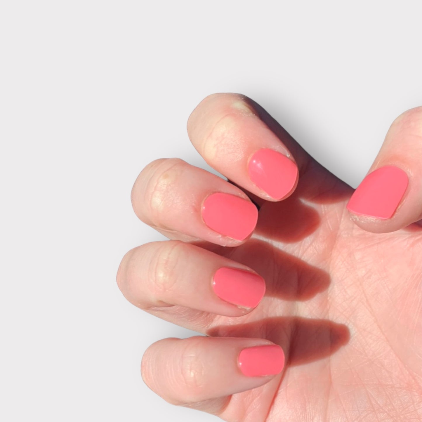 gel nail stickers in bloom which is a pinky, peach colour